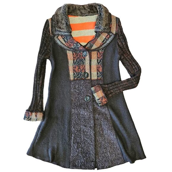 Sioni Sweater Coat Size Medium Cardigan Wool Mohair Brown Boho Cottage Patchwork - Picture 1 of 15